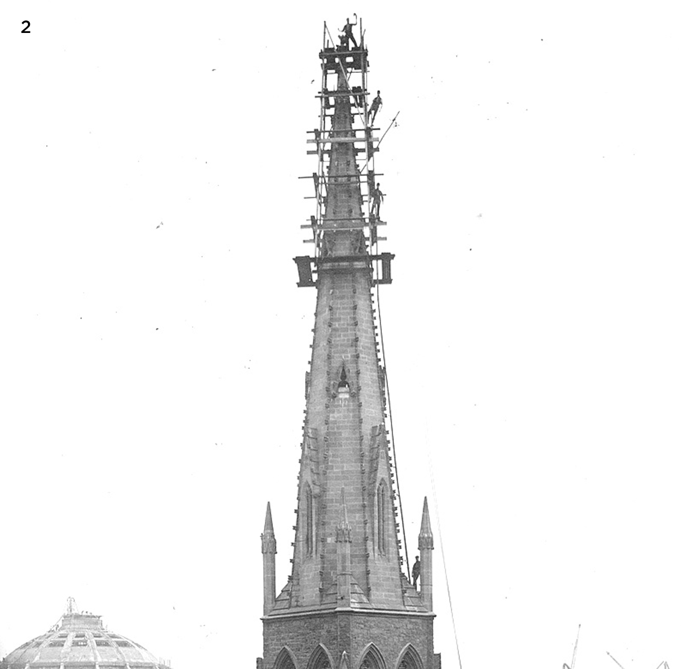 Wesley Church spire under restoration, c.1911. 